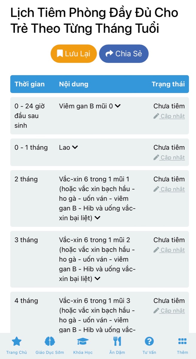 NHỮNG ĐIỀU MẸ CẦN BIẾT VỀ LỊCH TIÊM PHÒNG CỦA CON 

Hiện nay Mamibabi đã có sẵn chức năng theo dõi lịch tiêm phòng, nhờ đó mẹ có thể biết được bé đã tiêm mũi nào và khi nào cần tiêm tiếp. Ngoài ra, chức năng này còn giúp mẹ: 
- Ghi chép lại lịch tiêm, ngày tiêm, triệu chứng của bé
- Tìm hiểu thông tin về các loại bệnh cần tiêm vắc-xin
- Biết được đường lây truyền của các loại bệnh, giúp bé phòng bệnh tốt hơn 

Mẹ có thể sử dụng ngay chức năng theo dõi lịch tiêm tại đây https://mamibabi.com.vn/baby/vaccine 

Đây chỉ là một trong số hàng ngàn nội dung có sẵn tại Mamibabi: 

- Hơn 500 hoạt động giáo dục sớm cho bé từ 0 - 6 tuổi https://mamibabi.com.vn/khoa-hoc#gds 
- 56 khóa học toàn diện và chuyên sâu dành cho mẹ bầu và bé 0 - 6 tuổi: https://mamibabi.com.vn/khoa-hoc
- Hơn 300 món ăn dặm cho bé từ 6 tháng đến 2 tuổi https://mamibabi.com.vn/an-dam
- Thực đơn 280 ngày mang thai cho mẹ bầu https://mamibabi.com.vn/thai-giao-dinh-duong
- Mẹ được tư vấn mọi vấn đề về mang thai – thai giáo – nuôi con https://mamibabi.com.vn/community 
- Lộ trình tăng cân 40 tuần của mẹ https://mamibabi.com.vn/special/pregnancy_weight_gain 
- Bảng cân nặng thai nhi 40 tuần https://mamibabi.com.vn/news/95/can-nang-va-chieu-dai-thai-nhi-theo-chuan-who-2022 
- Hơn 3000 hoạt động thai giáo giúp mẹ vui bé khỏe https://mamibabi.com.vn/vip/info?mode=1
- Hơn 1000 bản nhạc thai giáo và karaoke thai giáo https://mamibabi.com.vn/nhac-thai-giao 
- Hơn 1000 bài thơ và câu truyện thai giáo tiếng Anh, tiếng Việt, Ehon, audio https://mamibabi.com.vn/newscategory/15/truyen-thai-giao#fetalMenuPopup 
- Những bài viết mới liên tục được tổng hợp và cập nhật https://mamibabi.com.vn/knowledge